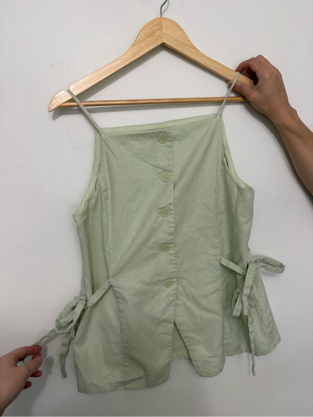 LOFT Sage Green Button-Front Linen-Blend Cami with Side Ties
